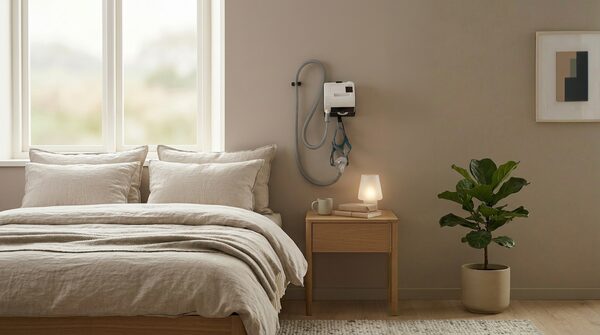 Perch CPAP-Wandhalterung f&uuml;r L&ouml;wenstein prisma - montiert im Schlafzimmer